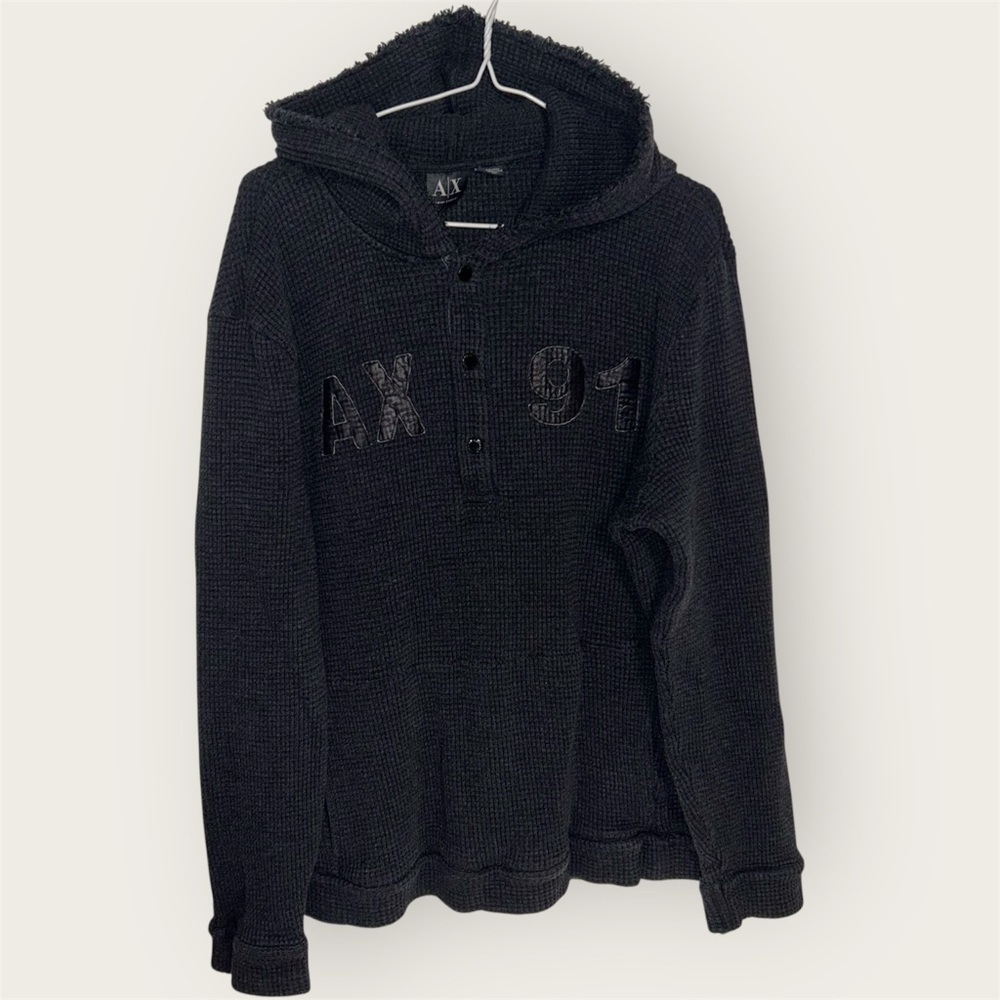 A/X Armani Exchange Black Hooded Waffle Knit Sweater Lamb Leather & Cotton - XXL